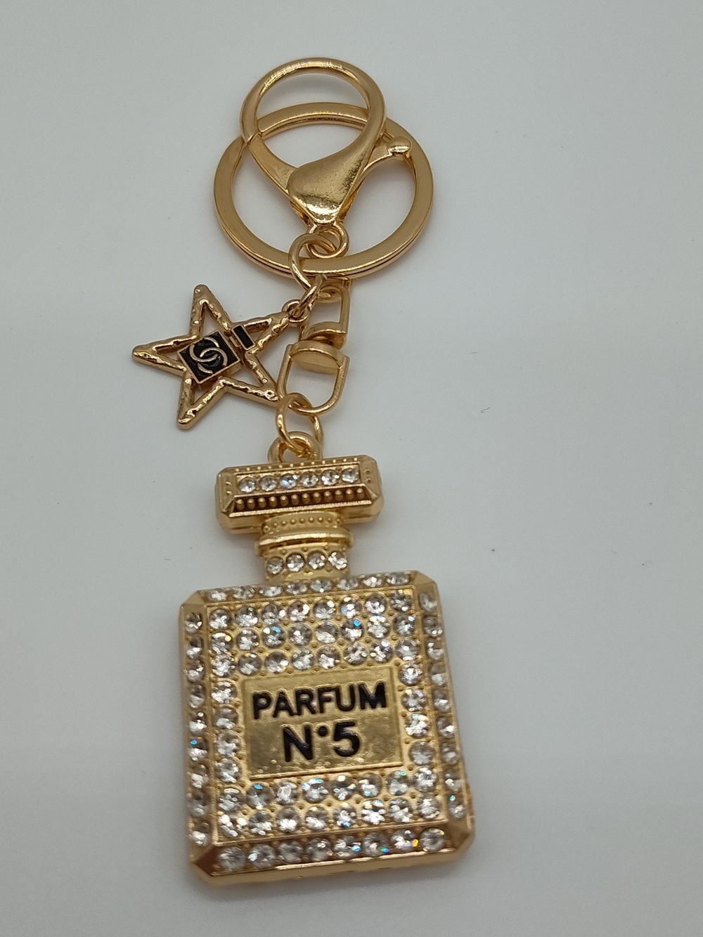 Parisian Perfume Bottle Crystal Bag Charm Keychain Gold Tone